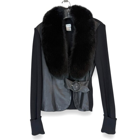 Cache Black Leather Dressy Blazer Jacket Detachable Fox Fur Trim Collar Medium - Picture 2 of 16